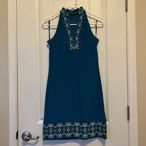WHBM Dress Turquoise Embroidered Beaded Sleeveless Jersey Shift Dress Size XXS